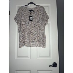Heyson Short Sleeve Animal Print Cuff Top Cream Blue Brown Mustard Large Nwt 32